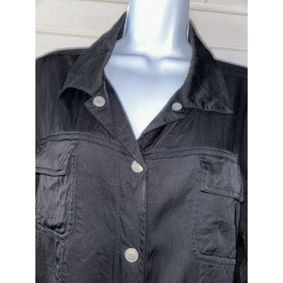 VTG Chicos Design Sz 3 (XL) Shiny Black Snap Front Shirt Jacket Stretch EUC - Picture 3 of 9